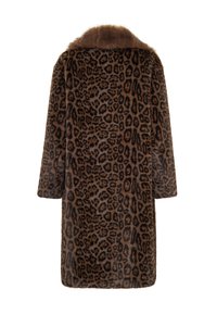 Cappotto in stampa leopardo con una palette di colori marrone e nero, caratterizzato da una trama morbida e un ampio colletto. Silhouette comoda e maniche lunghe.
