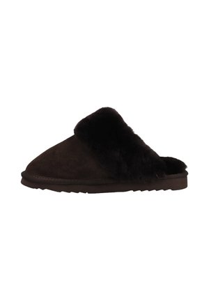 Bruine suède sloffen met een fuzzy zwart bontaccent aan de opening, met een vlakke zool en een afgeronde tevorm.