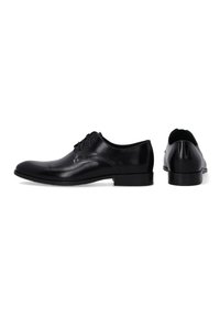 Czarne skórzane buty na formalne okazje z eleganckim, zaokrąglonym czubkiem, sznurowanym zapięciem, niskim obcasem i gładką teksturą. Posiadają minimalistyczny design bez widocznych wzorów.
