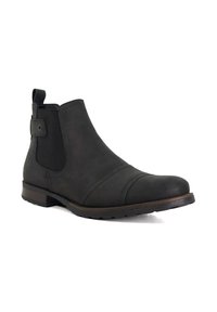 Black leather ankle boot with elastic side panels, a low heel, and a pull tab at the back.