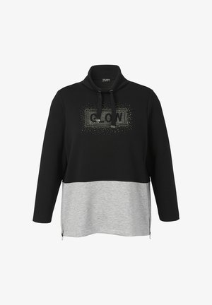Sweatshirt noir et gris avec un col montant, des côtés zippés et "GLOW" en strass. Tissu doux, design à blocs de couleur contrastants.