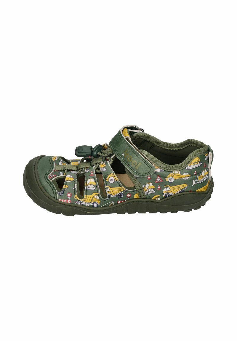 Green sandal with a patterned upper featuring construction vehicles, adjustable strap, open sides, and a textured rubber sole.