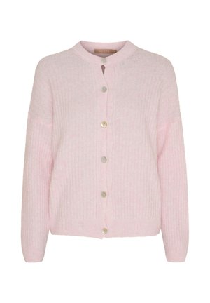 Lyserød ribstrikket cardigan med lange ærmer og seks knapper foran, med rund halsudskæring og løs pasform.
