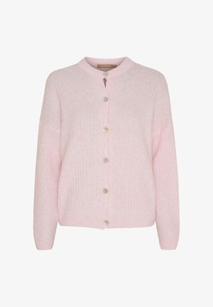 Lyserød ribstrikket cardigan med lange ærmer og seks knapper foran, med rund halsudskæring og løs pasform.