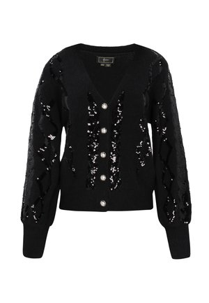 Fekete kardigán V-nyakkal, flitterekkel díszített ujjakkal és elülső részen, középen ezüst gombokkal. Texturált anyag részletek.