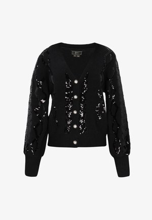 Czarny kardigan z dekoltem w kształcie litery V, ozdobiony cekinami na rękawach i z przodu, z srebrnymi guzikami na środku. Szczegóły z fakturowanej tkaniny.