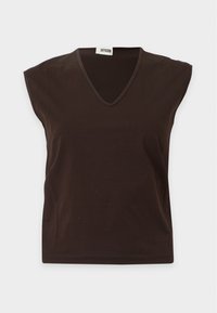 Sleeveless dark brown V-neck top with wide shoulder design and a small white brand label inside the neckline.