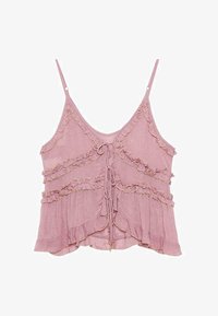 Camisón de gasa rosa con detalles de volantes, tirantes ajustables, un lazo en la parte frontal y diseño en capas. Tejido ligero con una textura delicada.