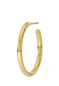Gold hoop earring with a smooth, rounded design. Features a thin post for closure and a polished finish, showcasing a reflective surface.