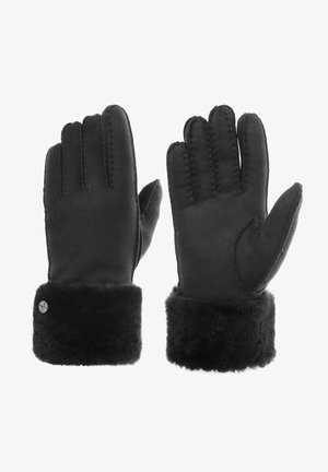 Schwarze Handschuhe aus weichem Material mit einem plüschigen schwarzen Futter. Das Design verfügt über gestickte Finger und ein seitliches Logodetail.