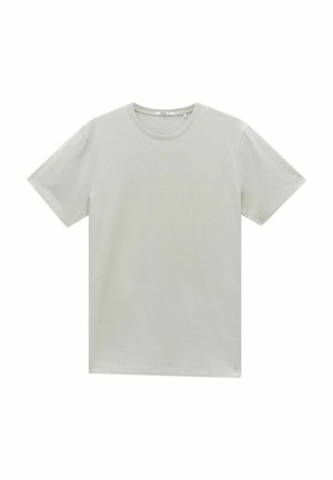 Helles graues Baumwoll-T-Shirt mit kurzen Ärmeln und rundem Halsausschnitt. Einfaches Design, glatte Textur und keine sichtbaren Muster oder Akzente.