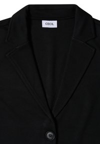 Blazer noir avec revers crantés et un seul bouton noir, avec une étiquette blanche portant le nom de la marque "CECIL" à l'intérieur du col.