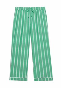 Groen gestreepte pyjamabroek met een trekkoord in de taille, brede pijpen en witte verticale strepen. Gemaakt van een lichtgewicht stof.