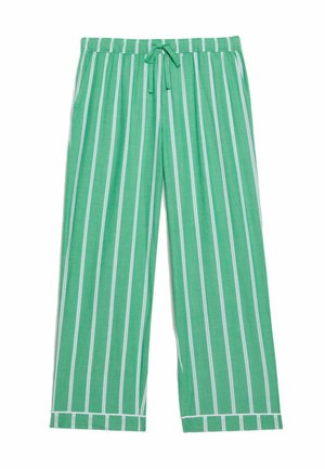 Pantaloni da pigiama a strisce verdi con vita regolabile, gamba larga e strisce verticali bianche. Realizzati in un tessuto leggero.