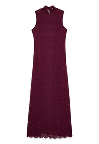 Burgundröd spets lång klänning med hög hals och utan ärmar. Presenterar blommönster och scalloped fåll. Elegant och figurnära siluett.