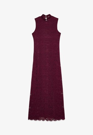 Burgundröd spets lång klänning med hög hals och utan ärmar. Presenterar blommönster och scalloped fåll. Elegant och figurnära siluett.