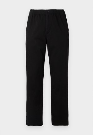 Black pants made of cotton blend fabric, featuring a straight cut, elastic waistband with button, and no visible patterns or accents.