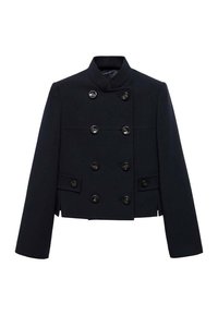 Navy blue cropped jacket with a high collar, double-breasted design, large black buttons, and two front pockets. Smooth fabric texture.
