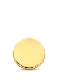 Compact en or rond avec une surface lisse et réfléchissante. Le design est minimaliste, avec des bords sans couture et une finition polie.