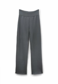 Grau, leichte Sporthosen mit einem breiten, weichen Bund und geradem Bein. Glatte Textur ohne sichtbare Muster oder Beschläge.