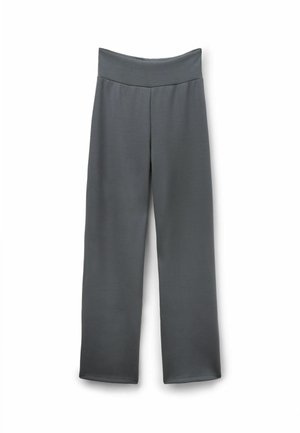 Grau, leichte Sporthosen mit einem breiten, weichen Bund und geradem Bein. Glatte Textur ohne sichtbare Muster oder Beschläge.