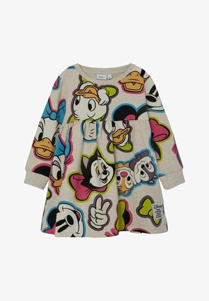 Vestido de manga larga beige para niño pequeño con caras de dibujos animados de Disney en colores vivos y símbolos de manos impresos por toda la tela.