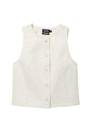 Gilet sans manches en coton écru avec col rond et cinq boutons devant, taille petite, étiquette Monoprix, fabriqué au Maroc.
