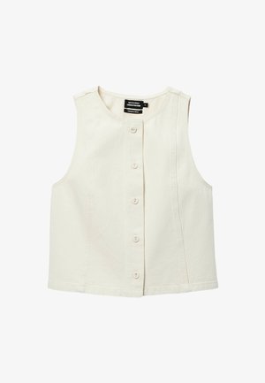 Gilet sans manches en coton écru avec col rond et cinq boutons devant, taille petite, étiquette Monoprix, fabriqué au Maroc.