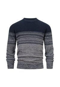 Neulepaita, jossa on pyöreä pääntie, tummansinisessä ja harmaassa sävyssä oleva gradiente kuvio. Ribatut hihansuut ja helma. Pehmeä pinta.