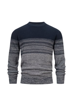 Sweter dziany z okrągłym dekoltem, z gradientowym wzorem w ciemnym granacie i odcieniach szarości. Rękawy i dół z prążkowanym wykończeniem. Miękka tekstura.