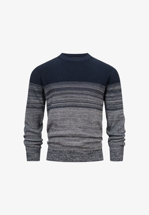 Gestrickter Pullover mit rundem Ausschnitt, ausgestattet mit einem Farbverlaufsmuster in dunklem Marineblau und Grautönen. Gerippte Bündchen und Saum. Weiche Textur.