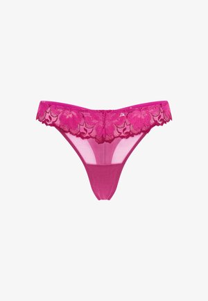 Rosa Spitzen-Tanga mit floralem Spitzeinsatz, weichem Mesh-Körper und dünnem Bund. Dehnbare Stoffe mit enganliegendem Schnitt für hohen Komfort.