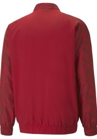 Czerwona kurtka przeciwwiatrowa o gładkiej fakturze. Posiada wzorzyste rękawy, stojący kołnierz oraz elastyczne mankiety i dół, co zapewnia dopasowany fason.