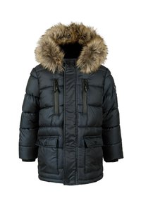 Puffjacka i mörk marinblå med foder av päls i huvan, med framträdande sömmar, två framfickor och dubbla fickor med dragkedja på bröstet.