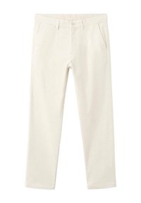 Białe spodnie sztruksowe o prostym kroju nogawki, z dwoma przednimi kieszeniami i zapięciem na guzik w pasie, z teksturowaną prążkowaną tkaniną.