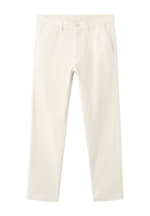 Weiße Cordhosen mit geradem Bein, ausgestattet mit zwei Vordertaschen und einem Knopfverschluss an der Taille, aus strukturiertem Rippstoff.