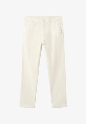 White corduroy pants with a straight leg design, featuring two front pockets and a button closure at the waist, textured ribbed fabric.