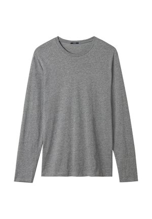 Szara koszulka z długim rękawem, okrągłym dekoltem, o miękkiej teksturze i luźnym kroju. Materiał wydaje się lekki i gładki, bez widocznych wzorów.