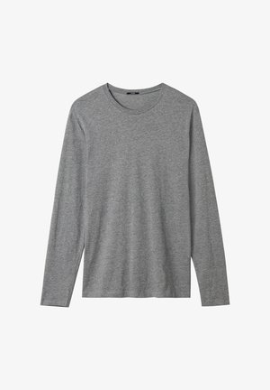 Szara koszulka z długim rękawem, okrągłym dekoltem, o miękkiej teksturze i luźnym kroju. Materiał wydaje się lekki i gładki, bez widocznych wzorów.