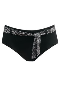 Czarne kąpielówki z kontrastującą, wzorzystą talią z detalem związanym, wykonane z elastycznego materiału dla komfortu i dobrego dopasowania.