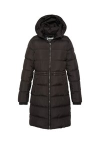 Zwarte donsjapon met capuchon, voorzien van een ritssluiting aan de voorkant, een elastisch trekkoord in de taille en geribde manchetten. Gewatteerd patroon voor isolatie.