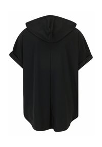 Schwarzes Kapuzenshirt mit kurzen Ärmeln, aus glatt gewebtem Stoff, mit lässiger Passform und klaren Linien am Rücken. Keine sichtbaren Verschlüsse.