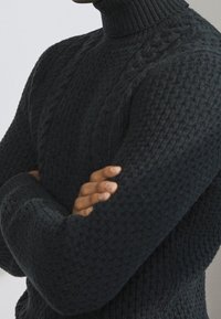 Ciemny dzianinowy sweter z wysokim kołnierzem, teksturowanym wzorem i warkoczowymi zdobieniami na ramieniu. Miękki i dopasowany.