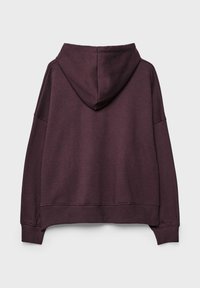 Bakreno rdeč pulover s kapuco z ohlapnim krojem. Material iz bombažnega mešanega blaga, rebrasti manšeti in spodnji rob, velika kapa ter brez vidnih oznak ali poudarkov.