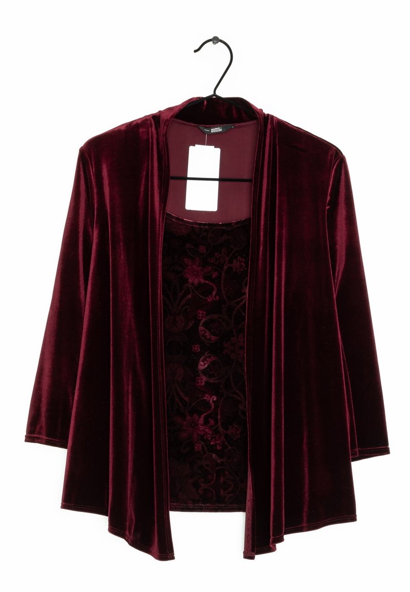 Cardigan in velluto borgogna con maniche lunghe, design aperto sul davanti, texture leggera, caratterizzato da un motivo floreale su uno strato interno.
