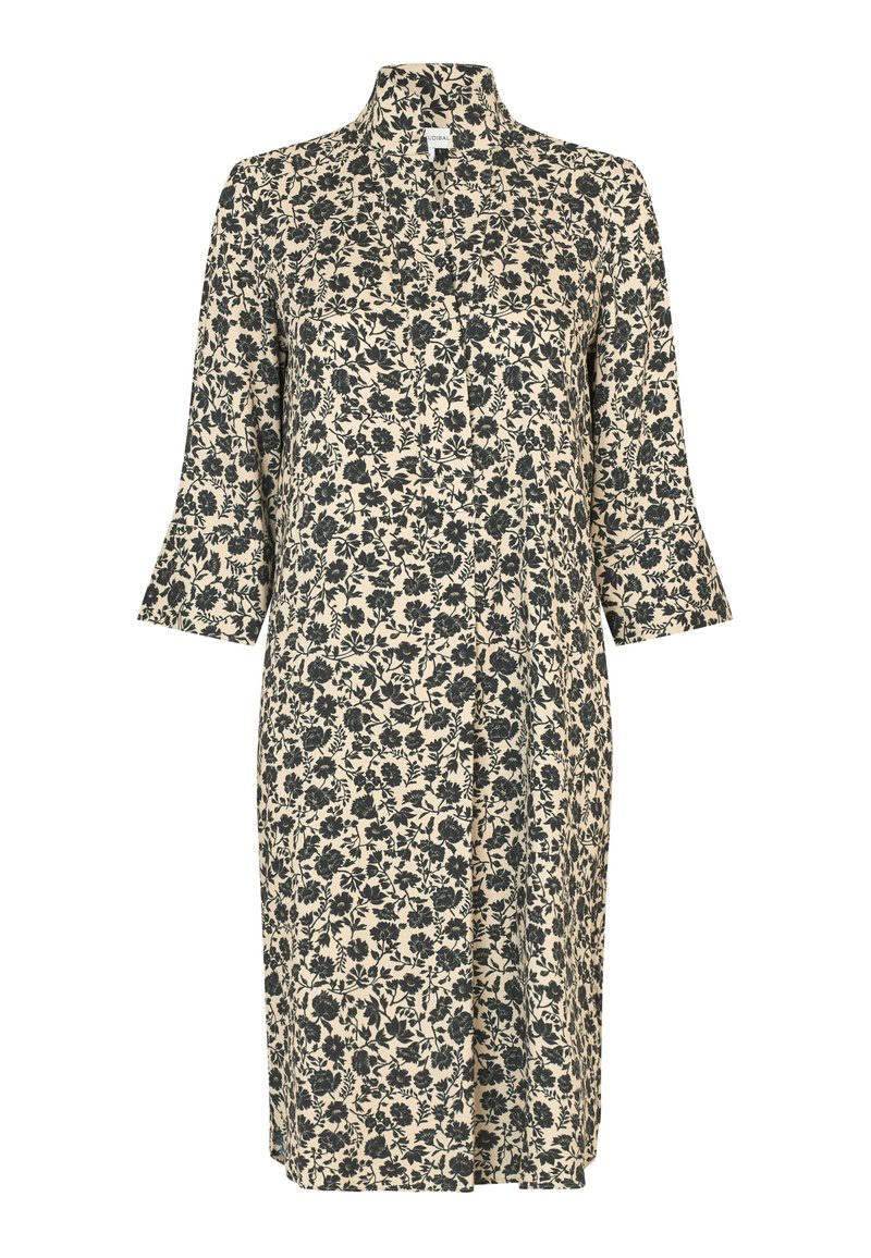 Kleid mit floralem Druck in Creme mit dunkelblauen Blumen, ausgestattet mit einem Kragen, durchgehender Knopfleiste und drei Viertel langen Glockenärmeln.