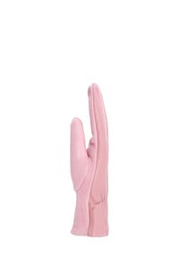 Guanto in pelle e suede rosa mostrato di lato con le dita estese e il pollice leggermente curvato verso l'interno.