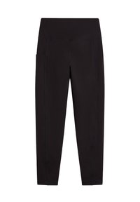 Svarta träningsleggings tillverkade av stretchigt tyg, med en bred midja och sidficka, samt kontrasterande sömmar längs sömmarna.