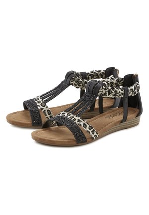 Sandal in nero e stampa leopardata con tessuto testurizzato, dettagli decorativi in perline, design con punta aperta e suola ammortizzata per il massimo comfort.