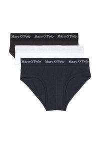 Trzy pary męskich majtek w kolorach czarnym, granatowym i białym. Posiadają elastyczne paski w talii z logo "Marc O'Polo". Wykonane z miękkiego materiału bawełnianego.